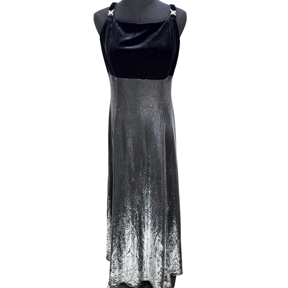 Women's VTG Y2K Betsy & Adam 12 Black Velvet Silver Metallic Maxi Evening Gown